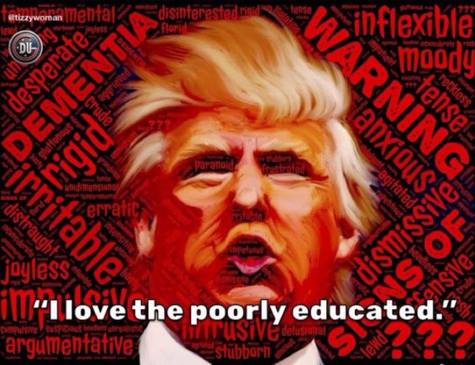 DJT says he loves the poorly educated.

But behind closed doors he said "the good thing about Covid is he didn't have to shake hand with those disgusting people"

Now he says Ppl who want the Epstein files are weak.

DJT loves no 1.
#DemVoice1 #DemsUnited