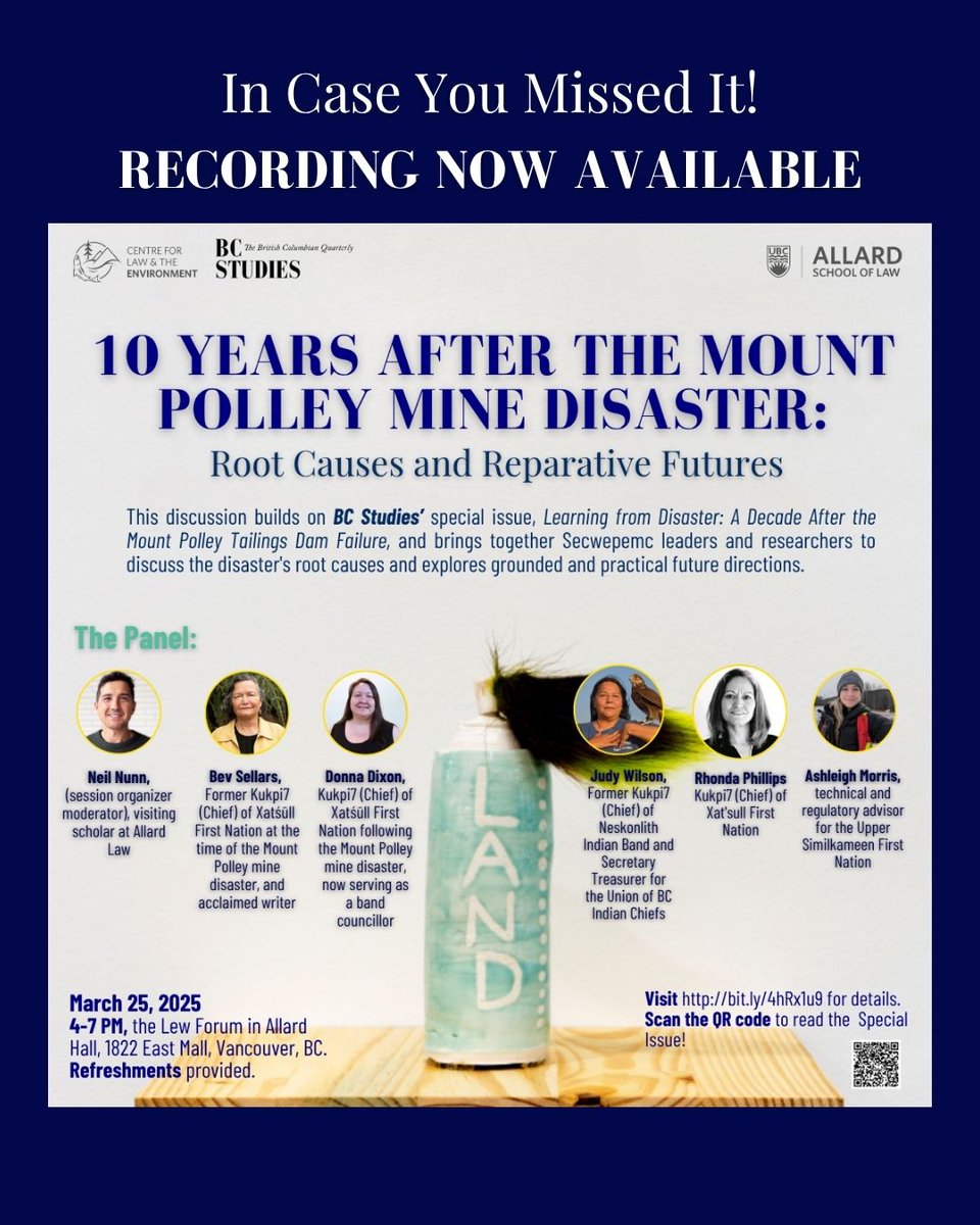 In case you missed the “10 Years After the Mount Polley Mine Disaster” discussion back in March, the recording is now available on our YouTube channel: youtu.be/79vNEZH57XU?fe…