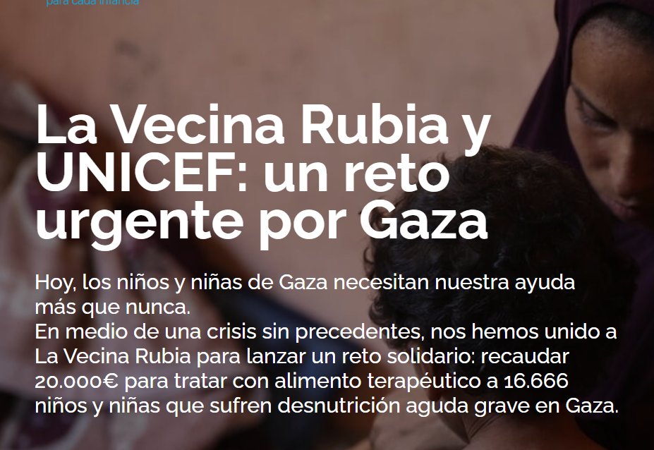 UNICEF España (@unicef_es) on Twitter photo 💔 Yazan pesa demasiado poco.
El hambre le está robando la infancia.
En Gaza, más de 320.000 niños y niñas podrían morir por falta de alimentos.
🤝 Con <a href="/lavecinarubia/">La Vecina Rubia</a> queremos dar alimento terapéutico a 16.666 niños.
Dona ahora 👉 bit.ly/46CGCCd 💔 Yazan pesa demasiado poco.
El hambre le está robando la infancia.
En Gaza, más de 320.000 niños y niñas podrían morir por falta de alimentos.
🤝 Con <a href="/lavecinarubia/">La Vecina Rubia</a> queremos dar alimento terapéutico a 16.666 niños.
Dona ahora 👉 bit.ly/46CGCCd