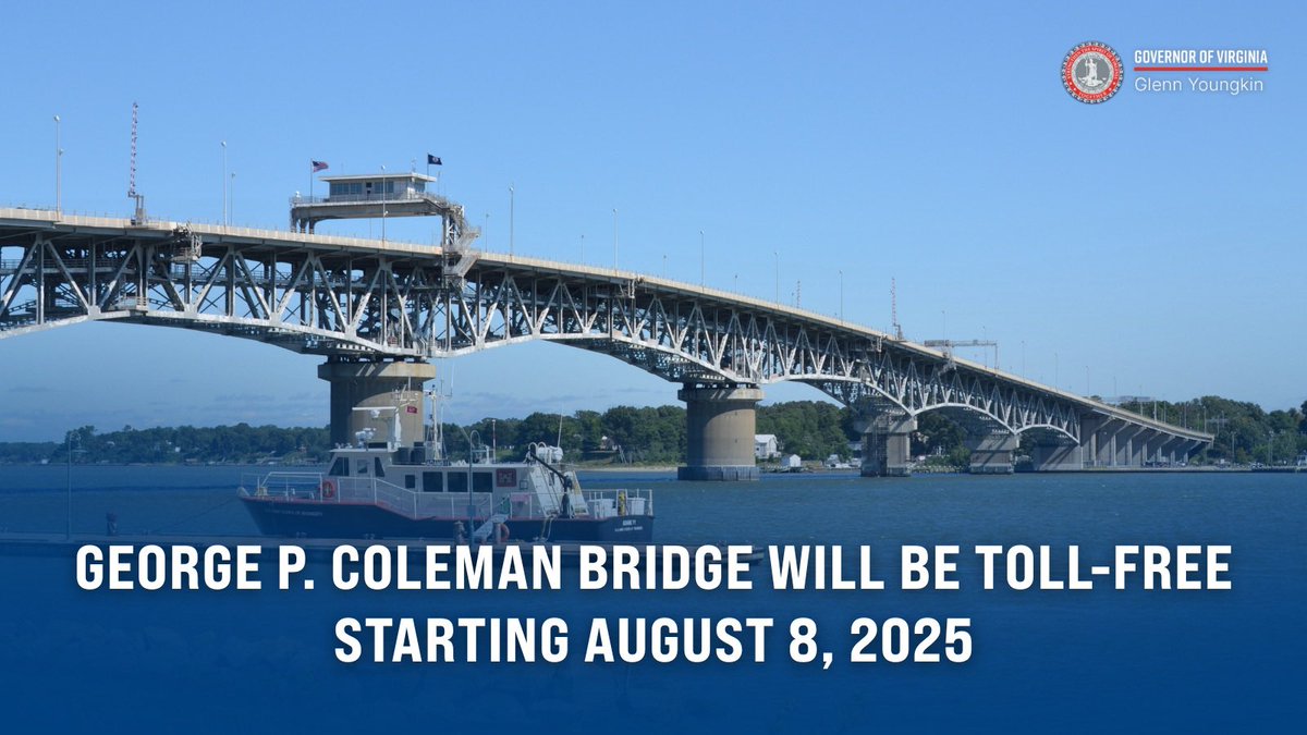 GovernorVA74's tweet photo. Big win for Virginia drivers! Starting August 8, the Coleman Bridge, a vital link between Yorktown and Gloucester Point, will be toll-free, saving Virginians nearly $60 million. This historic bridge, the largest double-swing span in the U.S., will continue connecting families, commuters, and local businesses, without added costs.