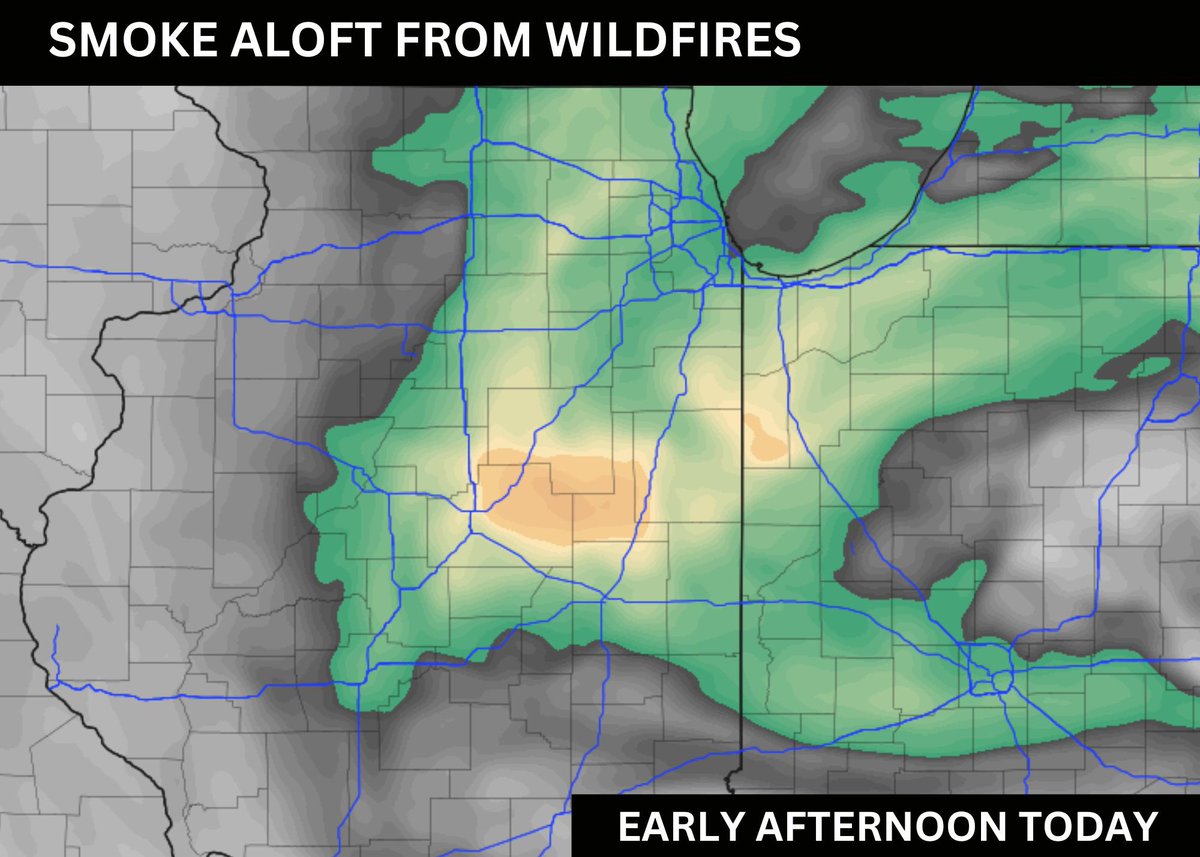 Once again skies will hazy and milky throughout the day due to smoke from Canadian wildfires. Most smoke will stay aloft however some could reach the surface at times (may smell smoke), especially through evening. #ilwx