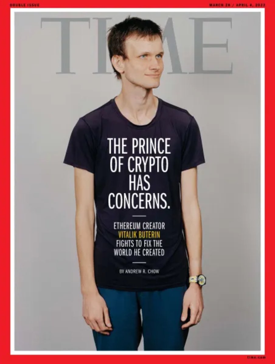 TIMEPieces (@timepieces) on Twitter photo TIME: ISSUE 01 — VITALIK BUTERIN (2022)
The first-ever fully decentralized magazine, minted as an NFT onchain.
Featuring the iconic cover story:
“The Prince of Crypto Has Concerns” by <a href="/andrewrchow/">Andrew Chow</a>
History made. Culture shifted.
Ethereum canonized.
<a href="/VitalikButerin/">vitalik.eth</a> TIME: ISSUE 01 — VITALIK BUTERIN (2022)
The first-ever fully decentralized magazine, minted as an NFT onchain.
Featuring the iconic cover story:
“The Prince of Crypto Has Concerns” by <a href="/andrewrchow/">Andrew Chow</a>
History made. Culture shifted.
Ethereum canonized.
<a href="/VitalikButerin/">vitalik.eth</a>