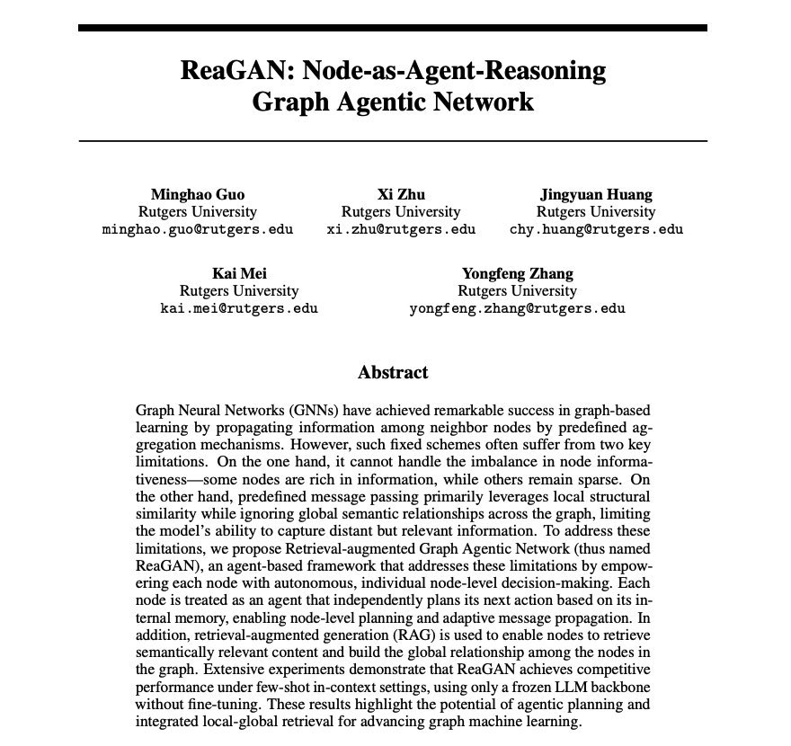 MikelEcheve's tweet image. 🚨 BREAKTHROUGH in Graph Learning!
What if each node in your graph could plan, reason, and act like a mini-agent—powered by an LLM? 🤯
That’s exactly what ReaGAN does. And it might just outsmart classic GNNs.
Let me explain 🧵👇
#AI #GraphLearning #LLM #MachineLearning