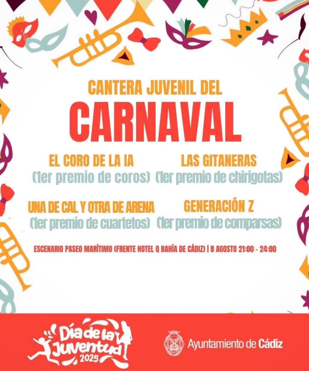 ACTUACIÓN I 𝟴 𝗱𝗲 𝗮𝗴𝗼𝘀𝘁𝗼 🏖️

Este viernes nos vemos a las 𝟮𝟭:𝟬𝟬𝗵 𝗳𝗿𝗲𝗻𝘁𝗲 𝗮𝗹 𝗛𝗼𝘁𝗲𝗹 𝗤 𝗲𝗻 𝗲𝗹 𝗽𝗮𝘀𝗲𝗼 𝗺𝗮𝗿í𝘁𝗶𝗺𝗼. 

A celebrar el día de la juventud junto a <a href="/comparsagenZ/">Comparsa Generación Z</a> @lasgitaneras_cf y <a href="/LOSDELAVINA/">ESPEJITO, ESPEJITO…</a> 😍

#ElCorodelaIA