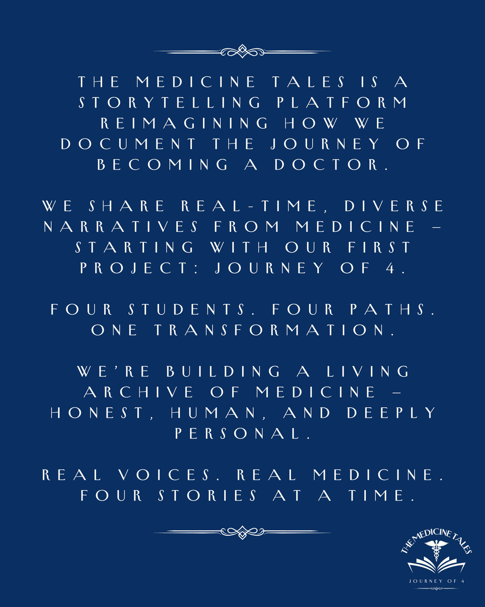 talesofmedicine's tweet photo. The Medicine Tales is a living archive of becoming — raw, real, and reflective.
We’re starting with a memoir: Journey of 4
4 med students. 4 schools. 1 transformation.
Follow for the story of modern medicine, told in real time.
#MedTwitter #NarrativeMedicine #MedStudent #FutureMD https://t.co/CcKV1I7t5p