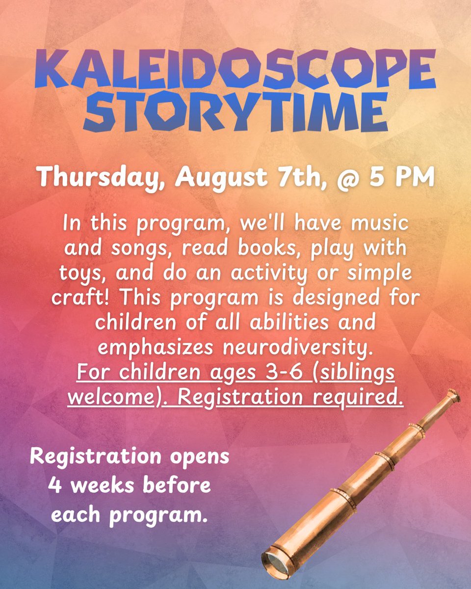 We have some spots open for Kaleidoscope Story Time on Thurs. Aug. 7th! This special story time is for kids ages 3-6 (siblings are welcome). All abilities are warmly  welcome! Register in person at the library, by calling 317-272-4818, or online here: avtp-cep.bc.sirsidynix.net/event/kaleidos…