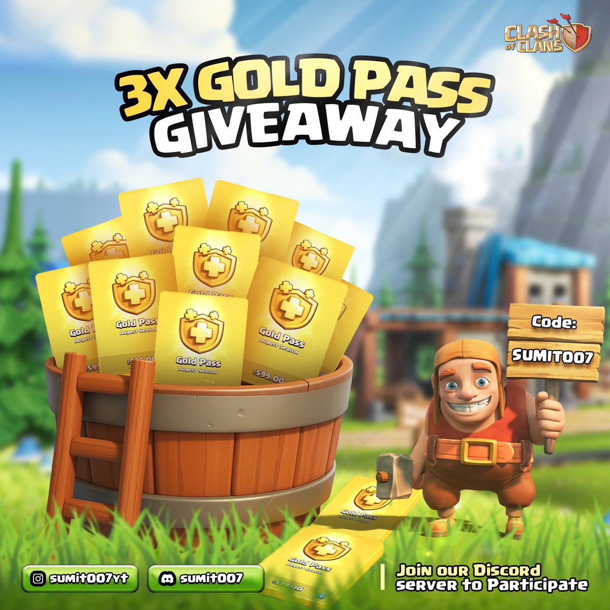 Eleven (@elevenstuffs) on Twitter photo 🚨 Sumit0007’s Official Discord Server is LIVE! 🚨
To celebrate, we’re giving away 3x Clash of Clans Gold Passes! 🎉💥
🎁 Join the giveaway by reacting in #Giveaways!
🕒 Ends in 1 week – don’t miss out!
Join now 👉 discord.gg/DCtYpmPnaW
#ClashOfClans #Giveaway #GoldPass 🚨 Sumit0007’s Official Discord Server is LIVE! 🚨
To celebrate, we’re giving away 3x Clash of Clans Gold Passes! 🎉💥
🎁 Join the giveaway by reacting in #Giveaways!
🕒 Ends in 1 week – don’t miss out!
Join now 👉 discord.gg/DCtYpmPnaW
#ClashOfClans #Giveaway #GoldPass