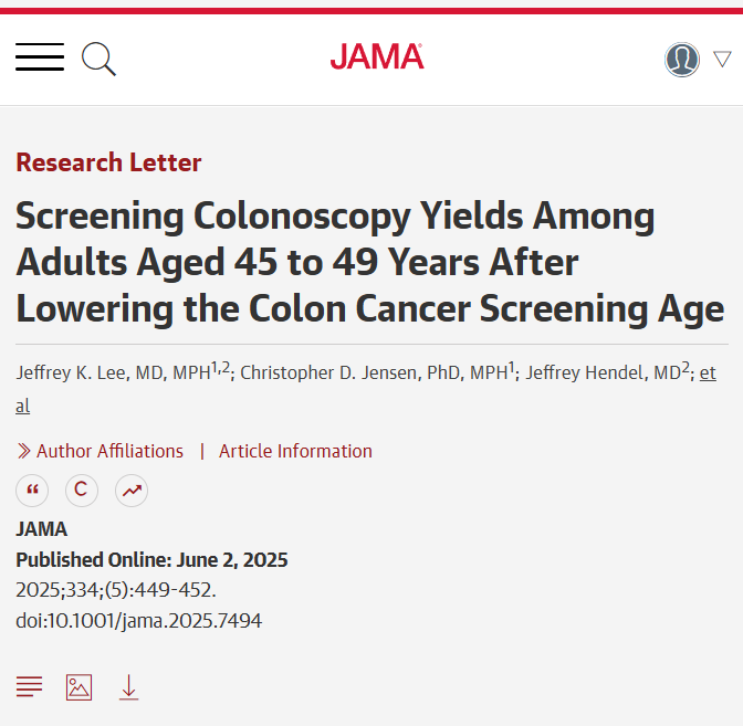 JAMA_current's tweet photo. Lowering the colorectal cancer screening age to 45 is supported by similar adenoma detection rates between those aged 45 to 49 and those aged 50 to 54, with slightly lower prevalence in the younger group. 

https://t.co/SEhtBBROZH 

@jeffleemd https://t.co/Tv19JLZTLl