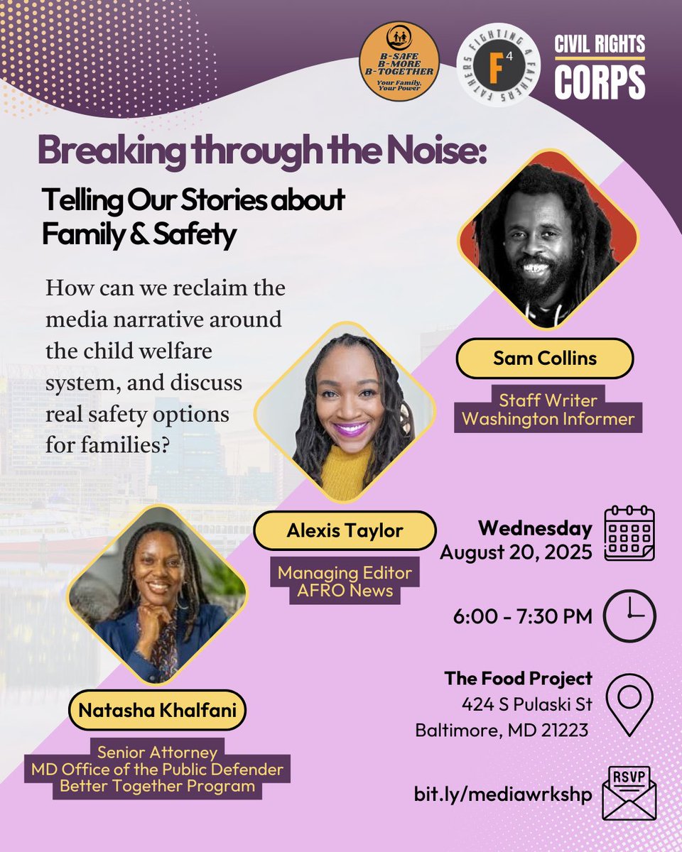 Join us Aug 20th for a discussion on how we can breakthrough the noise and reclaim the media narrative around the child welfare system!  

🗓️ Aug 20th 
⏰ 6-7:30 PM 
📍424 S Pulaski St, Baltimore  

🔗 RSVP here: bit.ly/mediawrkshp