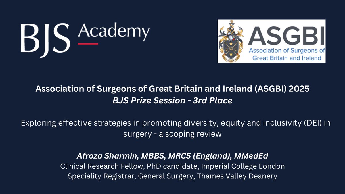 BJS Academy (@bjsacademy) on Twitter photo π₯Exploring effective strategies in promoting diversity, equity and inclusivity (DEI) in surgery - a scoping review
Afroza Sharmin presents her BJS Prize session lecture  from the 2025 <a href="/asgbi/">ASGBI</a> International Surgical Congress, which placed 3rd in the prize session. π₯Exploring effective strategies in promoting diversity, equity and inclusivity (DEI) in surgery - a scoping review
Afroza Sharmin presents her BJS Prize session lecture  from the 2025 <a href="/asgbi/">ASGBI</a> International Surgical Congress, which placed 3rd in the prize session.