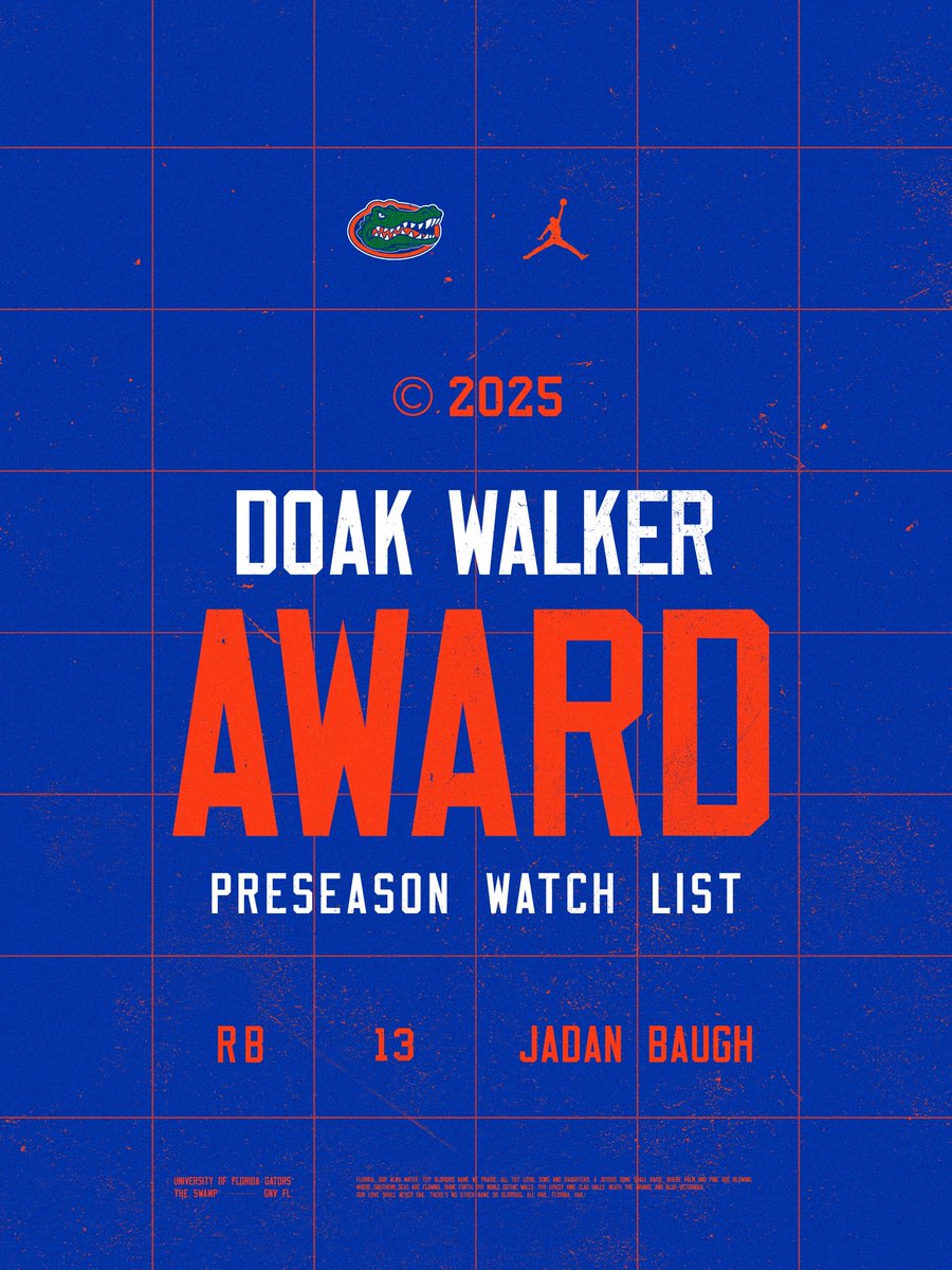 Florida Gators Football (@gatorsfb) on Twitter photo Run the Baugh ๐ฅ
<a href="/1vibesjay/">1vibes.jay</a> has been named to the <a href="/DoakWalkerAward/">Doak Walker Award</a> Preseason Watch List.
๐ bit.ly/4mlLPD4
#GoGators Run the Baugh ๐ฅ
<a href="/1vibesjay/">1vibes.jay</a> has been named to the <a href="/DoakWalkerAward/">Doak Walker Award</a> Preseason Watch List.
๐ bit.ly/4mlLPD4
#GoGators