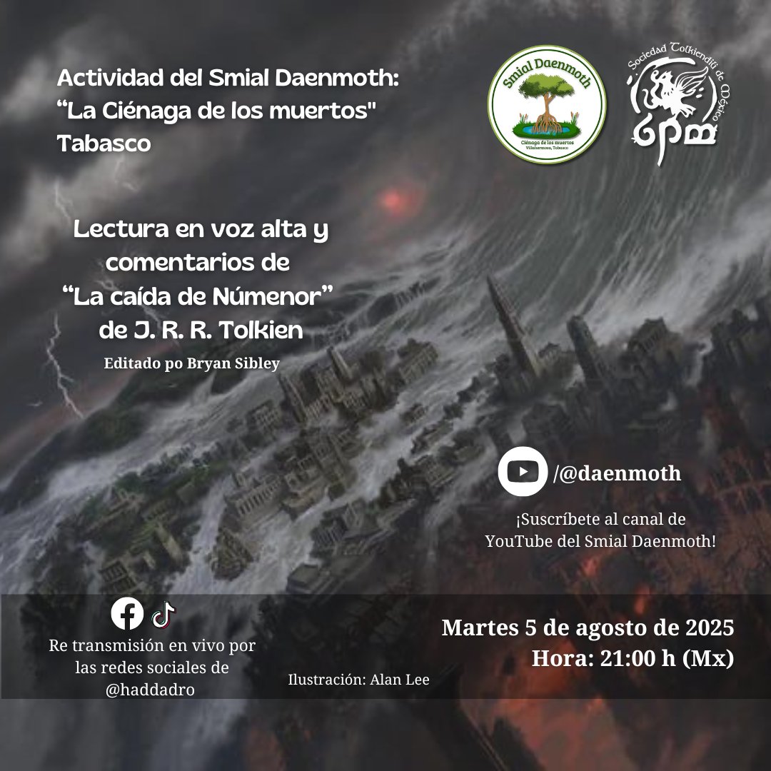 Sí, es martes de lectura en voz alta. 📖🧝
Continuamos con "La Caída de Númenor".  Puedes seguir la transmisión desde el canal de Youtube de nuestro #SmialDaenmoth #CienagaDeLosMuertos con <a href="/haddadro/">haddadro</a> 

#YoLeoATolkien con el #SmialDaenmoth "Ciénaga de los Muertos" de la #STMAC