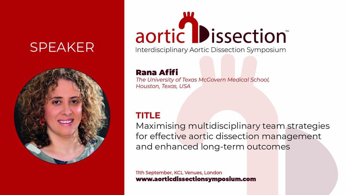 IADS (@iadsymposium) on Twitter photo We look forward to welcoming <a href="/AfifiRana/">Rana Afifi MD</a> to the IADS on 11th September.
Dr Afifi will be speaking on multidisciplinary team strategies for effective aortic dissection management and long-term outcomes
Register at www.aorticdissectionsymposium
#aortaed
#aorticdissection We look forward to welcoming <a href="/AfifiRana/">Rana Afifi MD</a> to the IADS on 11th September.
Dr Afifi will be speaking on multidisciplinary team strategies for effective aortic dissection management and long-term outcomes
Register at www.aorticdissectionsymposium
#aortaed
#aorticdissection