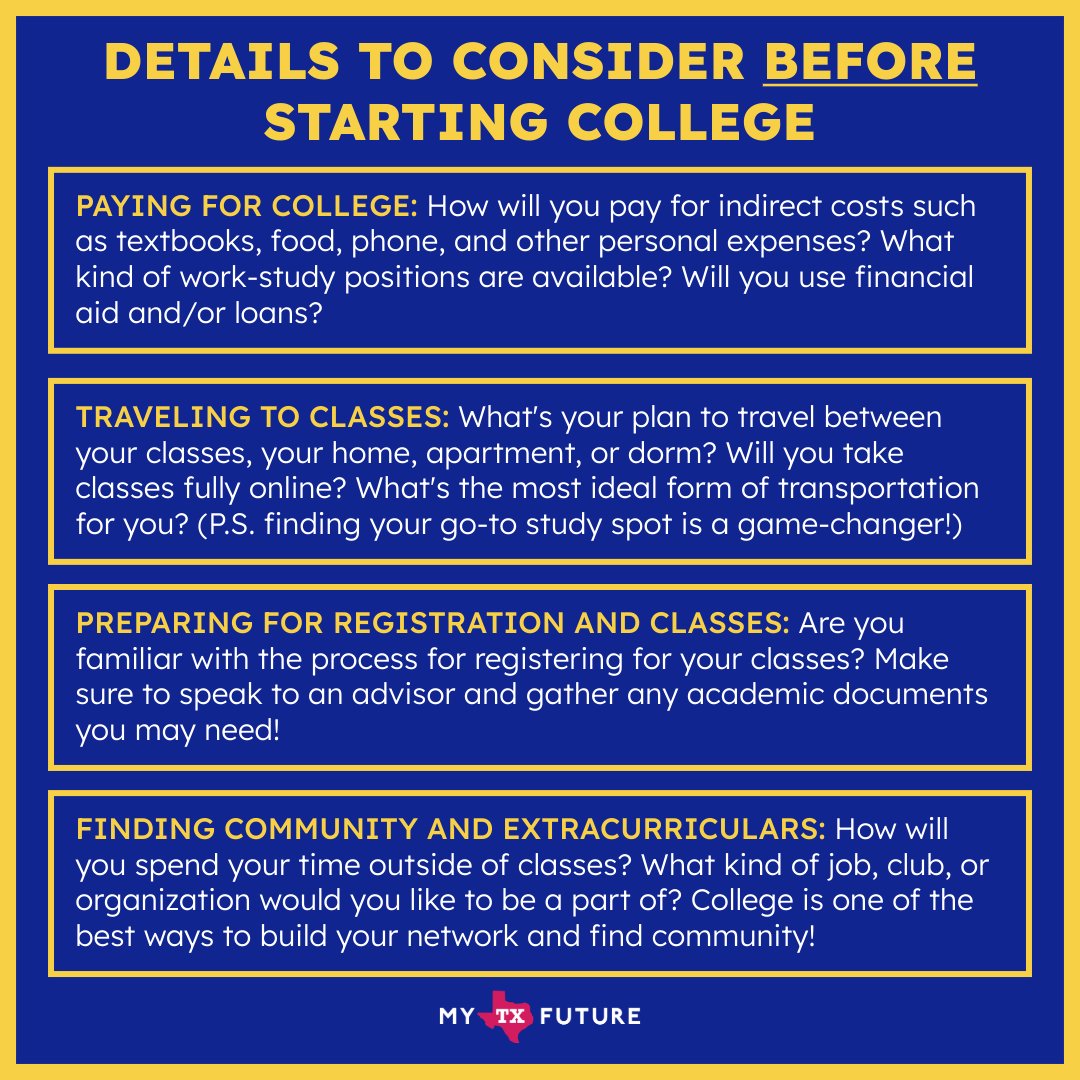 Embarking on the journey to college is an exciting milestone!🤞 To set the foundation for a successful college experience, here are a few items they should consider prior to starting your postsecondary journey 💫 Find more about preparing for college here: mytexasfuture.pulse.ly/2k0w3tbkm5