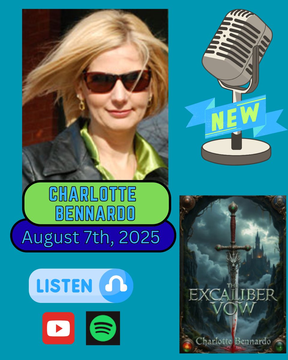 angiechristieWN's tweet photo. 🎤📚 COMING THURSDAY!
We chat w/ Charlotte Bennardo, author of "The Excalibur Vow" 🤩 Tune in for tips on self-publishing &amp; promoting ur novel! 
Available on YouTube, Spotify &amp; more!
@charbennardo 
#authrothreads #CharlotteBennardo #TheExcaliburVow #AuthorInterview #AuthorPodcast https://t.co/mqJV2Cu7Ta