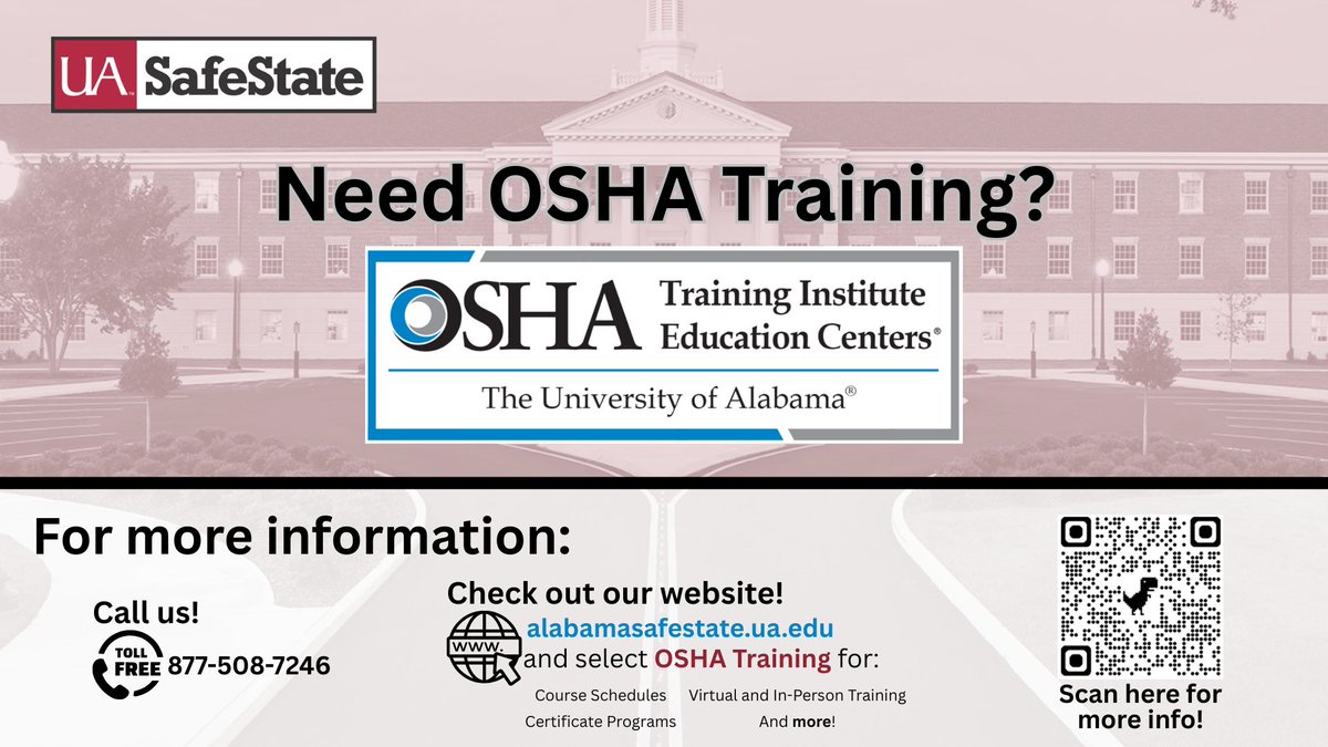 Need OSHA Training?
Whether you're looking to complete a certificate program or just need a single course, we’ve got virtual and in-person options to meet your needs.
🔹 View course schedules
🔹 Learn from industry experts
Visit alabamasafestate.ua.edu and select OSHA Training