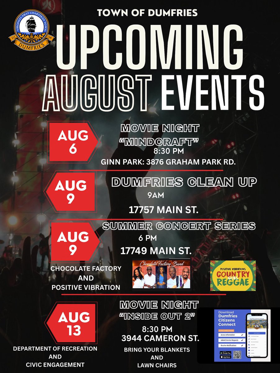 🎉 Big August in Dumfries! 🎉

📽️ Aug 6: Movie Night “Minecraft” @ Ginn Park (8:30 PM)
🧹 Aug 9: Town Clean Up (9 AM)
🎶 Aug 9: Summer Concert Series ft. Chocolate Factory &amp; Positive Vibration (6 PM)
📽️ Aug 13: Movie Night “Inside Out 2” @ Cameron St (8:30 PM)