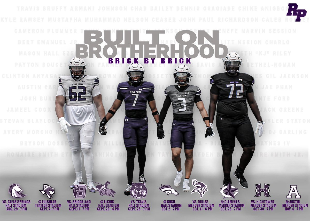 Rick LaFavers (@coach_lafavers) on Twitter photo Ridge Point 2025 Football Schedule! #Team14
Forged by the past & built on Brotherhood!⚒️🔥
#BrickByBrick25🧱 Ridge Point 2025 Football Schedule! #Team14
Forged by the past & built on Brotherhood!⚒️🔥
#BrickByBrick25🧱