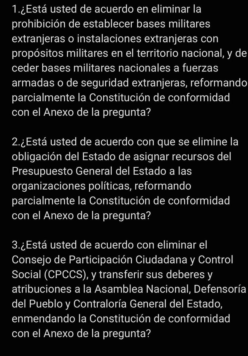 vinpalacios's tweet photo. ‼️#consultapopular 
Conforme arts. 441 y 442 de la Constitución,
se plantean 7 preguntas para #enmiendas y #reformas parciales a la Constitución. https://t.co/Ebh2Mkbtd0