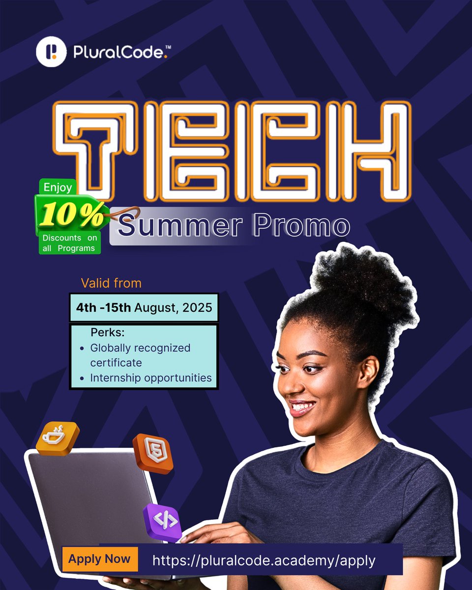 pluralcode's tweet image. Take advantage of Pluralcode’s 10% Tech summer discount to start your tech journey.
With Pluralcode, it’s more than just learning a tech skill, it’s a campaign to help you build a career that is truly BORDERLESS.
• Gain hands-on experience in [specific…