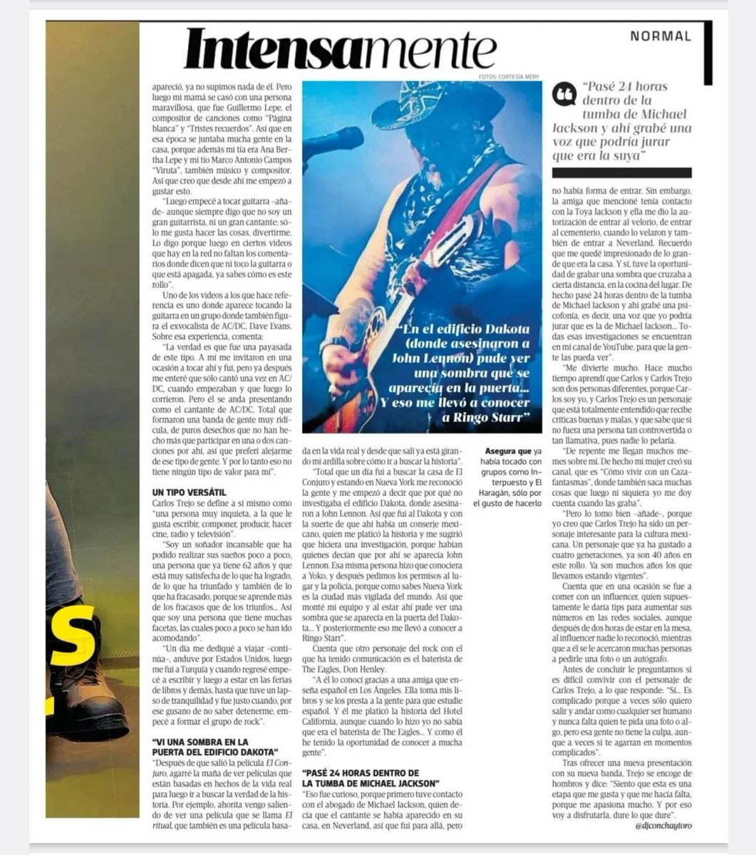 Hoy en #Normal de El Sol de México platicamos con  Carlos Trejo sobre su nueva banda de "rock regional". Y de paso nos cuenta cómo es que vio una sombra que cree que era de John Lennon y que escuchó una voz que jura que es la de Michael Jackson 👉 oem.com.mx/elsoldemexico/…