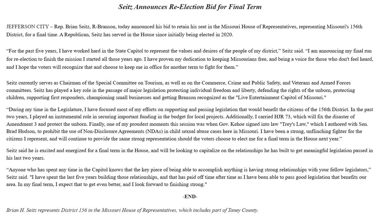 It’s official! 🇺🇸🇺🇸🇺🇸🎆🎆🎆 I am announcing my re-election bid for a FINAL term in office! 

It has been an honor to serve for the past 5 years, and God willing, I would love your support for a final term next August and November. 

Vote Seitz Aug. 4, 2026!