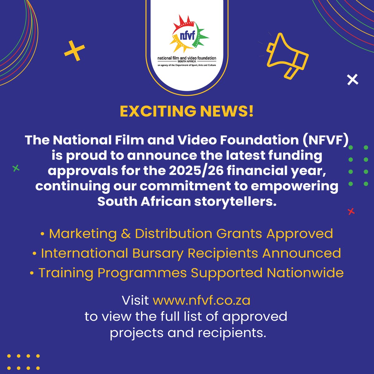 The National Film and Video Foundation (NFVF) is proud to announce the latest funding approvals for the 2025/26 financial year – continuing our commitment to empowering South African storytellers.

📍 For the full list of approvals, visit: nfvf.co.za
