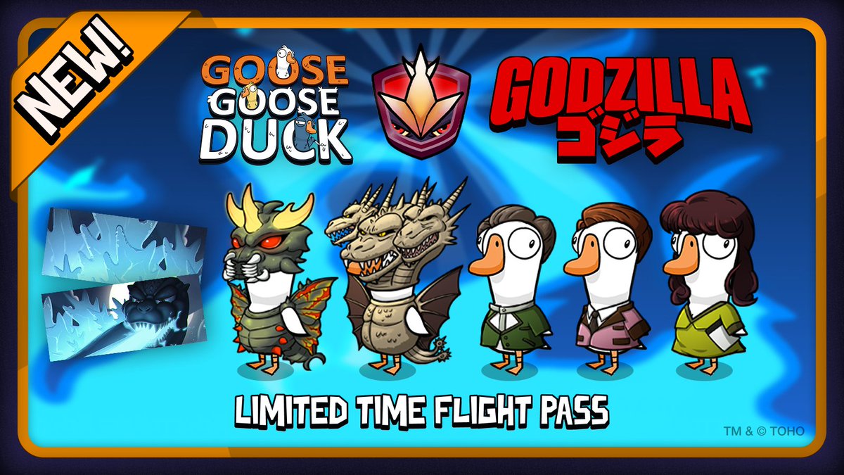 Goose Goose Duck (@ggd_game) on Twitter photo ✈️ Now Boarding <a href="/Godzilla_Toho/">GODZILLA.OFFICIAL</a> Forever! Kaijus Battra and King Ghidorah fly into Goose Goose Duck alongside the Futurians in the latest, limited time Flight Pass. #Godzilla #GooseGooseDuck ✈️ Now Boarding <a href="/Godzilla_Toho/">GODZILLA.OFFICIAL</a> Forever! Kaijus Battra and King Ghidorah fly into Goose Goose Duck alongside the Futurians in the latest, limited time Flight Pass. #Godzilla #GooseGooseDuck
