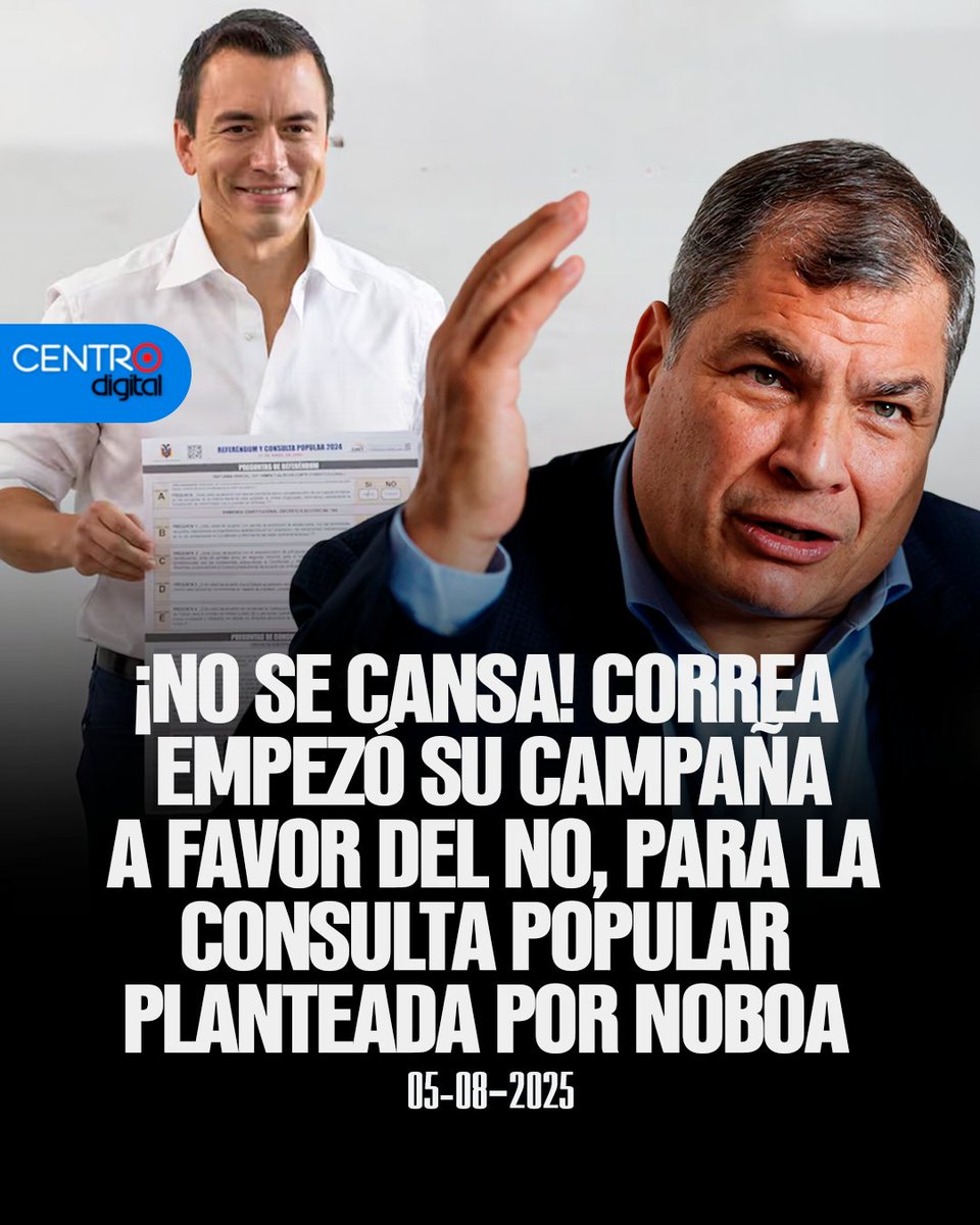 CENTRO Digital (@radiocentroec) on Twitter photo Comenzó la campaña por el No: El expresidente <a href="/MashiRafael/">Rafael Correa</a> criticó la consulta popular propuesta por el presidente Daniel Noboa. A través de su cuenta de X, Correa señaló que, según su criterio, ninguna de las preguntas “contribuirá a resolver la crisis nacional” y advirtió que Comenzó la campaña por el No: El expresidente <a href="/MashiRafael/">Rafael Correa</a> criticó la consulta popular propuesta por el presidente Daniel Noboa. A través de su cuenta de X, Correa señaló que, según su criterio, ninguna de las preguntas “contribuirá a resolver la crisis nacional” y advirtió que