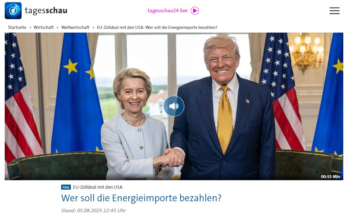 🇪🇺 EU-Zolldeal mit den USA: Bezahlen werden die Deutschen!

Massive Strafzölle für europäische Produkte und US-Energieimporte im Wert von 750 Milliarden Dollar  –  viel besser hätte es für Dealmaker #Trump nicht laufen können!

Wie die @Tagesschau meldet, sei nach den