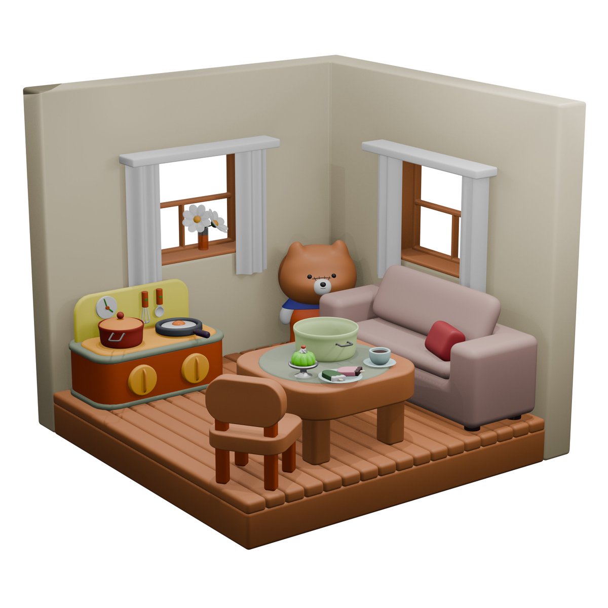 副社長を鍋でおもてなし。
3D　10日目。完成。　10日目の追加小物を作ってなかったりしますが。もの作りはいろいろ覚えたものの、ライト関係は何一つわからなかった。とりあえず教本はここまで。