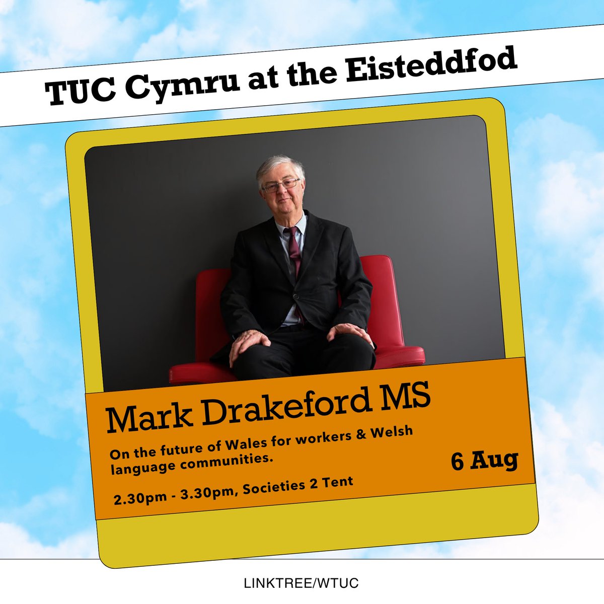 TUC Cymru (@walestuc) on Twitter photo TUC Cymru yn yr <a href="/eisteddfod/">eisteddfod</a>! On tomorrow at 2.30:
🏴 <a href="/MarkDrakeford/">Mark Drakeford 🏴</a> MS
Ar ddyfodol Cymru o safbwynt gweithwyr a chymunedau Cymraeg (Pabell Cymdeithasau 2)
🏴 Mark Drakeford MS
On the future of Wales for workers and Welsh language communities (Societies 2 Tent) TUC Cymru yn yr <a href="/eisteddfod/">eisteddfod</a>! On tomorrow at 2.30:
🏴 <a href="/MarkDrakeford/">Mark Drakeford 🏴</a> MS
Ar ddyfodol Cymru o safbwynt gweithwyr a chymunedau Cymraeg (Pabell Cymdeithasau 2)
🏴 Mark Drakeford MS
On the future of Wales for workers and Welsh language communities (Societies 2 Tent)