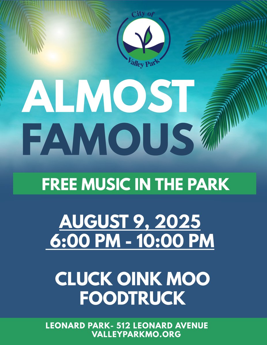 Music in the Park August 9th.
Come out and join us at Leonard Park from 6 to 10 for Music in the Park. The band playing is Almost Famous; this is a FREE Event and food truck will be on-site. Leonard Park is at 512 Leonard Avenue.