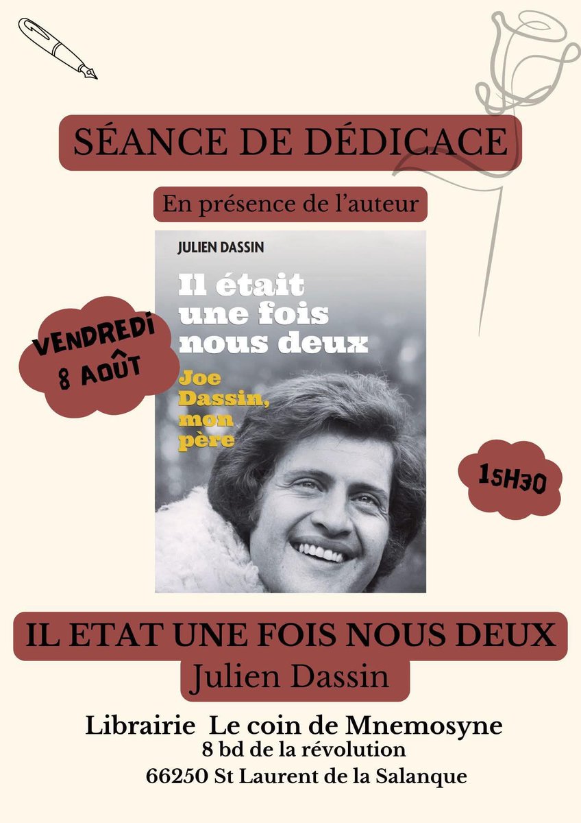 Séance de dédicace 

📅 Vendredi 8 août à 15h30
📍 Librairie Le Coin de Mnémosyne
St Laurent de la Salanque