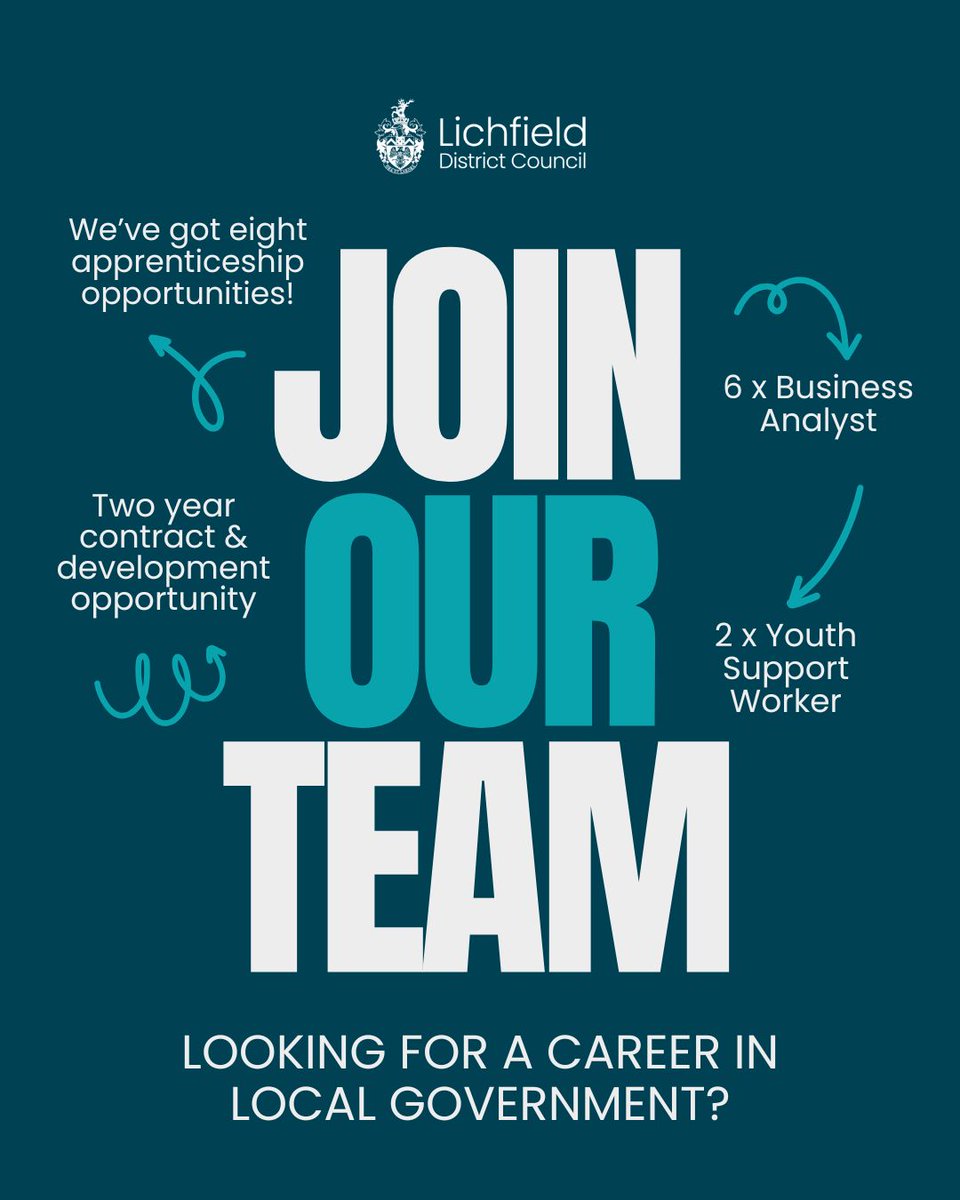 🚨 Apprenticeships now open at Lichfield District Council!

6 Business Analyst roles &amp; 2 Youth Support Worker roles:
🎓 2-year contracts + paid + qualification

🕒 Apply by 11 Aug: orlo.uk/dRC69

#LichfieldJobs #Apprenticeships #EarnWhileYouLearn