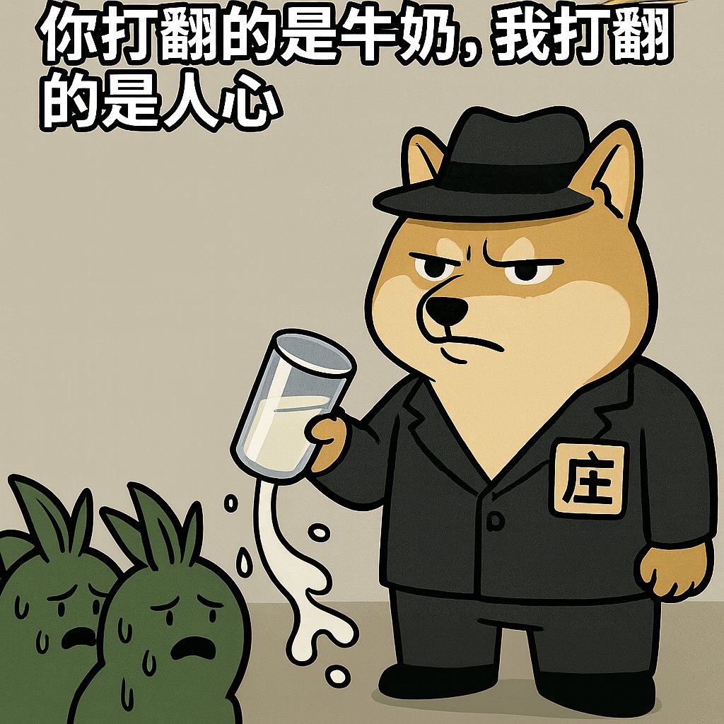 🥛 你打翻的是牛奶，我打翻的是人心

失败一次就哭？
套牢一次就怨？
你以为这是幼儿园喝牛奶撒地板？

这是赌场，懂？

情绪不值钱，
割肉也不光荣，
只有翻身才配说话。

记住：牛奶可以打翻无数次，
但“庄”永远不会湿鞋。

$BUNDLE