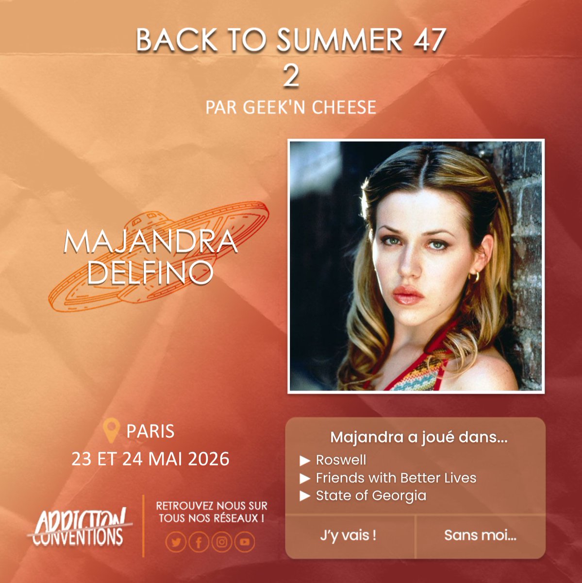 Addiction Conventions (@addictionconv) on Twitter photo Majandra Delfino sera à la deuxième édition de la #BTS47 de <a href="/GeeknCheese/">Geek'n Cheese</a>. #Roswell
🎟 : billetweb.fr/back-to-summer… Majandra Delfino sera à la deuxième édition de la #BTS47 de <a href="/GeeknCheese/">Geek'n Cheese</a>. #Roswell
🎟 : billetweb.fr/back-to-summer…