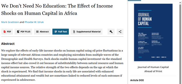 Exciting announcement - after 5 years of work, my paper on resource-induced income windfalls and education in #Africa is finally out🎊A Thread will follow after celebration 🥳

journals.uchicago.edu/doi/10.1086/73…