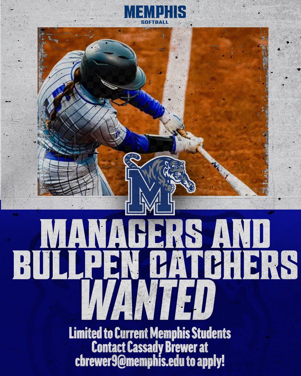 Memphis Softball (@memphissoftball) on Twitter photo We want ๐ฌ๐ข๐จ to join the squad ๐ซต
Weโre looking for managers and bullpen catchers to join the team, please contact Cassady Brewer (cbrewer9@memphis.edu) for more information!
#GoTigersGo We want ๐ฌ๐ข๐จ to join the squad ๐ซต
Weโre looking for managers and bullpen catchers to join the team, please contact Cassady Brewer (cbrewer9@memphis.edu) for more information!
#GoTigersGo