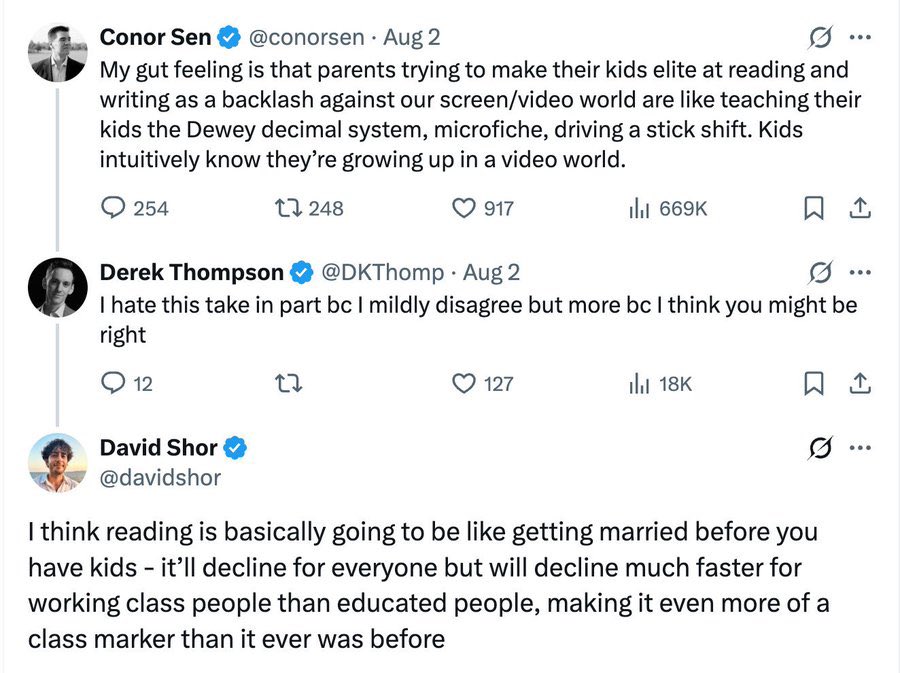 i saw an ad for “Speechify” today that centered on a college-aged woman raving about how the text to speech software is so good “i’ve pretty much stopped being able to read!” she proclaims this proudly, giddily into the camera. all of these ⬇️ takes are on the money, tragically.