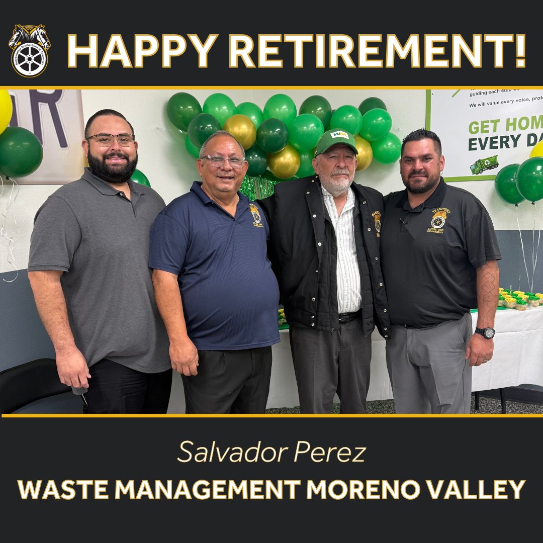 🎉 Congratulations on Your Retirement, Salvador Perez! 🎉

Teamsters Local 396 proudly celebrates the retirement of Salvador Perez from Waste Management Moreno Valley!

#Teamsters396 #UnionStrong