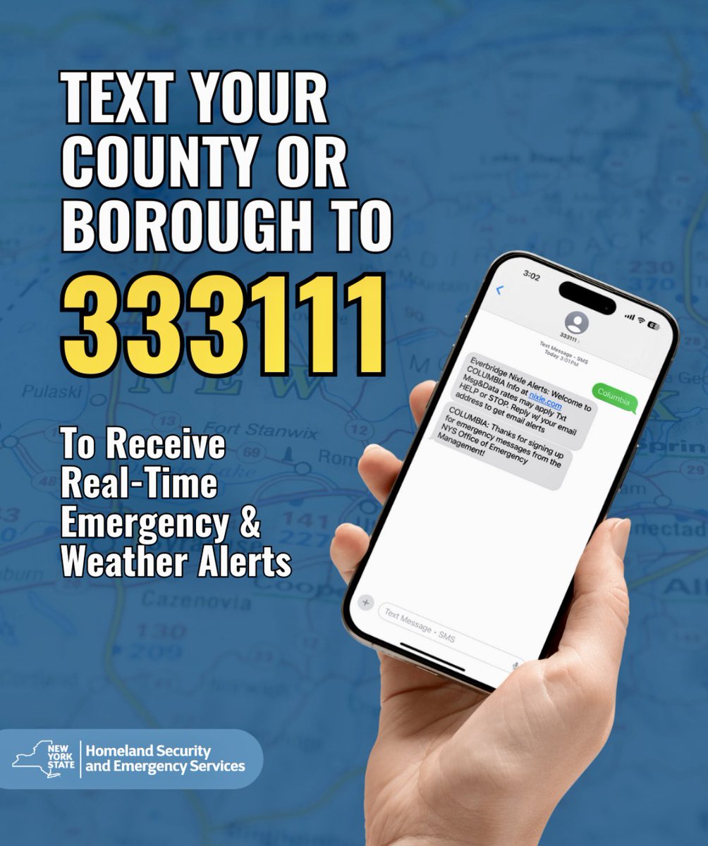 There is a new and easy way to get real-time emergency and weather text alerts for events happening in your area!
 
Just text your county or borough with no spaces to 3-3-3-1-1-1.
 
Learn more about Triple Three Triple One by visiting dhses.ny.gov/emergency-aler…