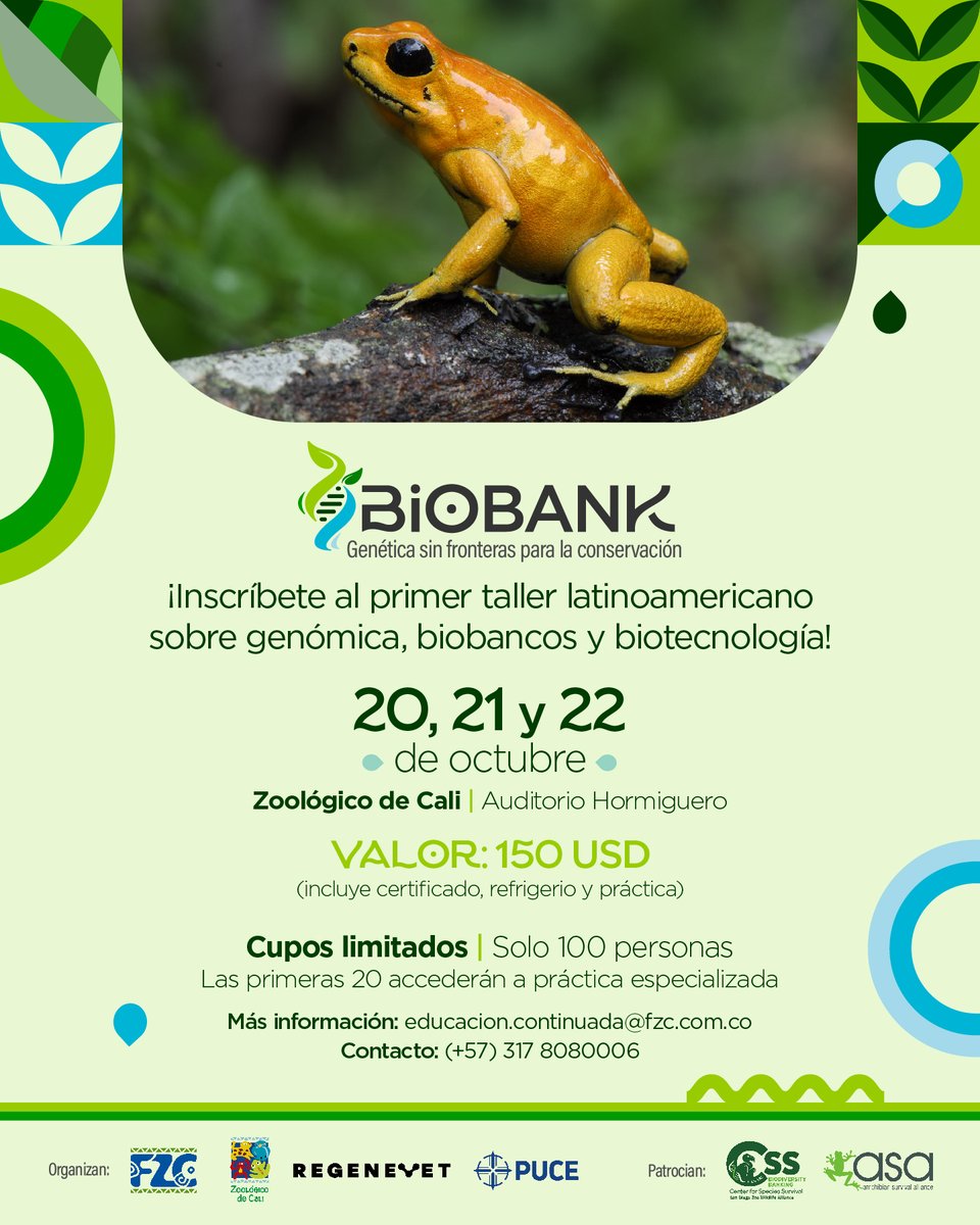 📢 ¡Inscríbete ya! Taller sobre Biobancos

Nos alegra anunciar que ya está abierta la inscripción para el Taller Latinoamericano sobre Genómica, Biobancos y Biotecnología organizado por <a href="/zoologicodecali/">Zoológico de Cali</a> 🧬

📩 educacion.continuada@fzc.com.co

#ConservaciónDeAnfibios #Biobancos
