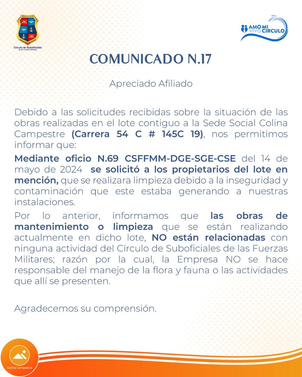 ⚠️Información importante ⚠️ Sede Social Colina Campestre ⛰
.
#circulodesuboficiales #AmoMiCirculoVivoMiCirculo #suboficiales #bogota