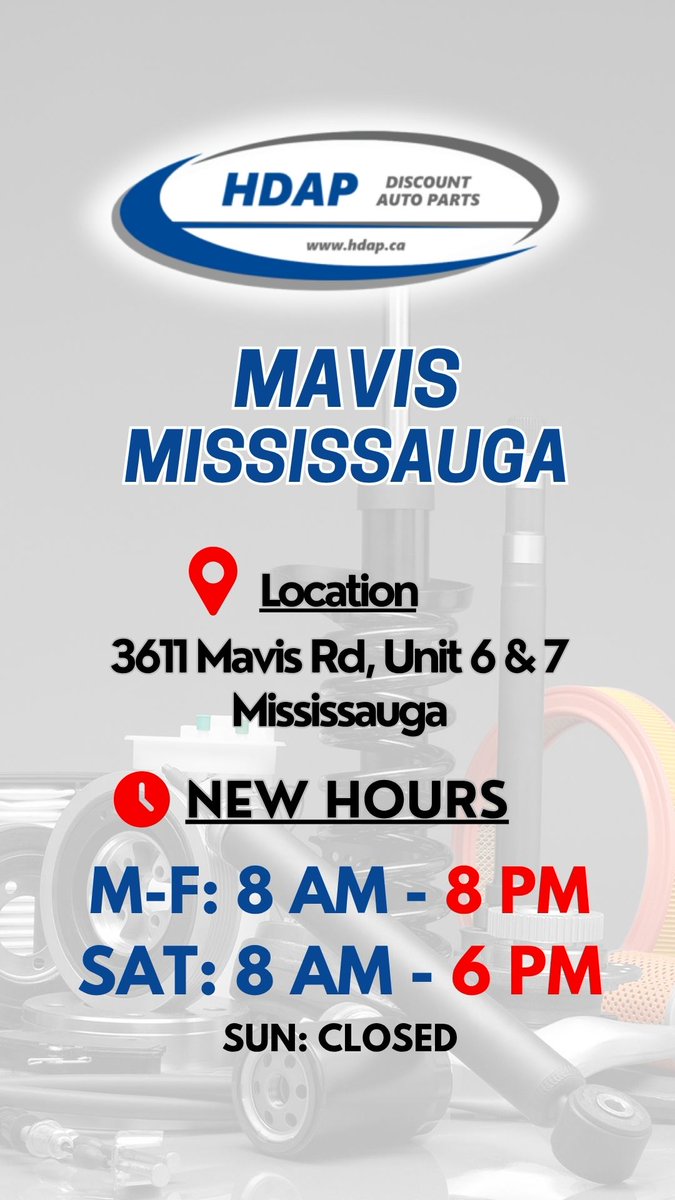 HDAPautoparts's tweet photo. New hours, same unbeatable service ⏰
#HDAP now serving your auto parts needs later in #Brampton & Mavis #Mississauga!
📲 https://t.co/T81H7SDQEN
#DiscountAutoParts #PartsThatDeliver https://t.co/jr0gzfCVFU