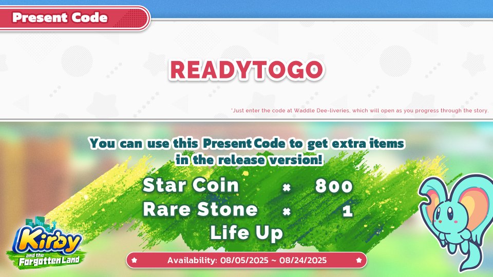 ⭐ Float into #KirbyAndTheForgottenLand with 800 Star Coins, 1 Rare Stone, and a Life Up! ⭐

Enter this Present Code in-game to claim your reward: READYTOGO