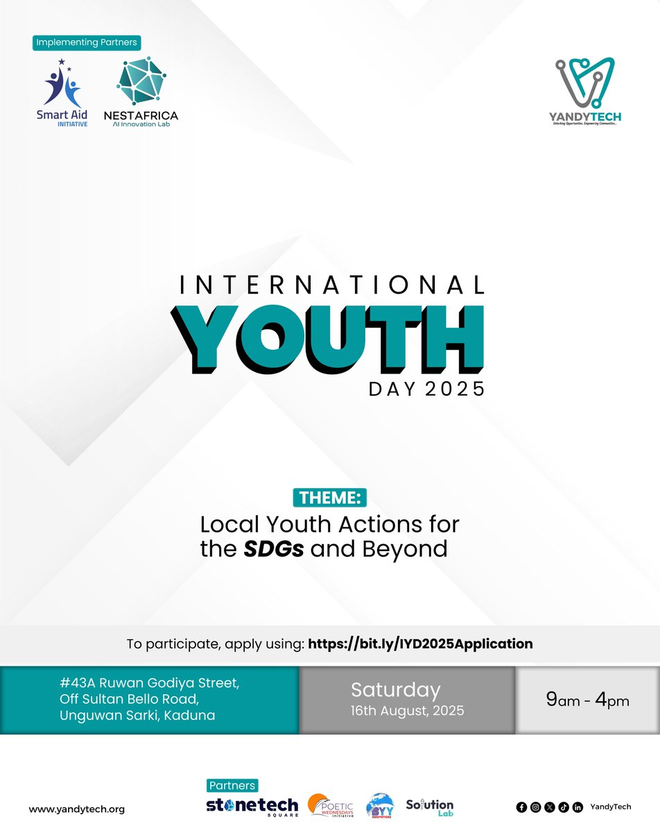 <a href="/YandyTech/">YandyTech Community</a>, <a href="/smartaid_ng/">Smart Aid Initiative</a>  &amp; <a href="/NestAfricaAI/">Nest Africa AI Innovation Lab</a> are hosting International Youth Day 2025 in Kaduna!

📅 Aug 16 | 🕘 9AM–4PM | 📍 YandyTech SolutionLab
Theme: Local Youth Actions for the SDGs and Beyond

30 changemakers. Real solutions. Youth-led impact.