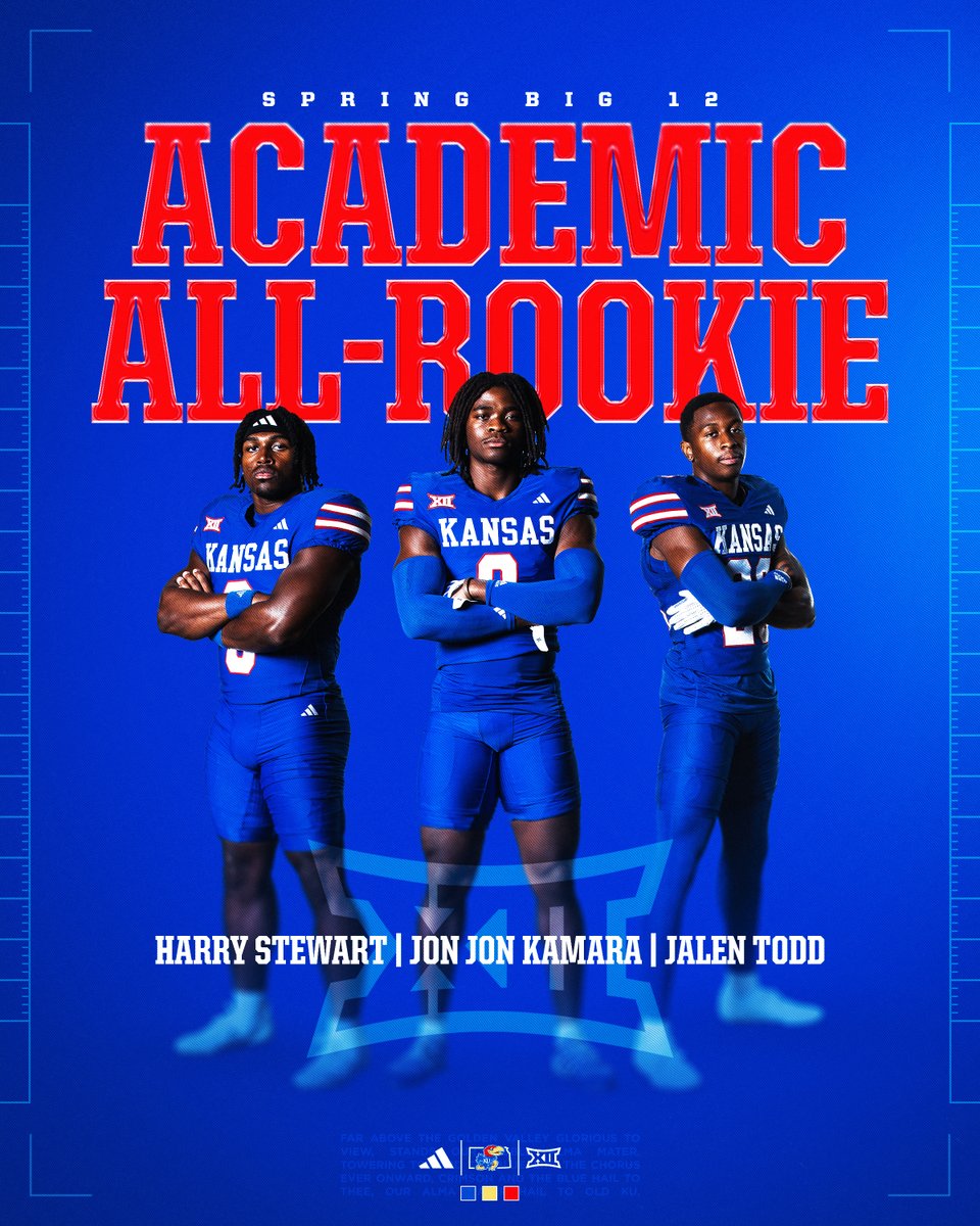 Kansas Football (@ku_football) on Twitter photo Spring Big 12 Academic All-Rookie Team 🔴🔵
<a href="/hstewartiii/">Harry Stewart III</a>
<a href="/JKamara_28/">Jonathan Kamara</a>
<a href="/JalenTodd1/">Jalen Todd 4⭐️ CB</a> Spring Big 12 Academic All-Rookie Team 🔴🔵
<a href="/hstewartiii/">Harry Stewart III</a>
<a href="/JKamara_28/">Jonathan Kamara</a>
<a href="/JalenTodd1/">Jalen Todd 4⭐️ CB</a>