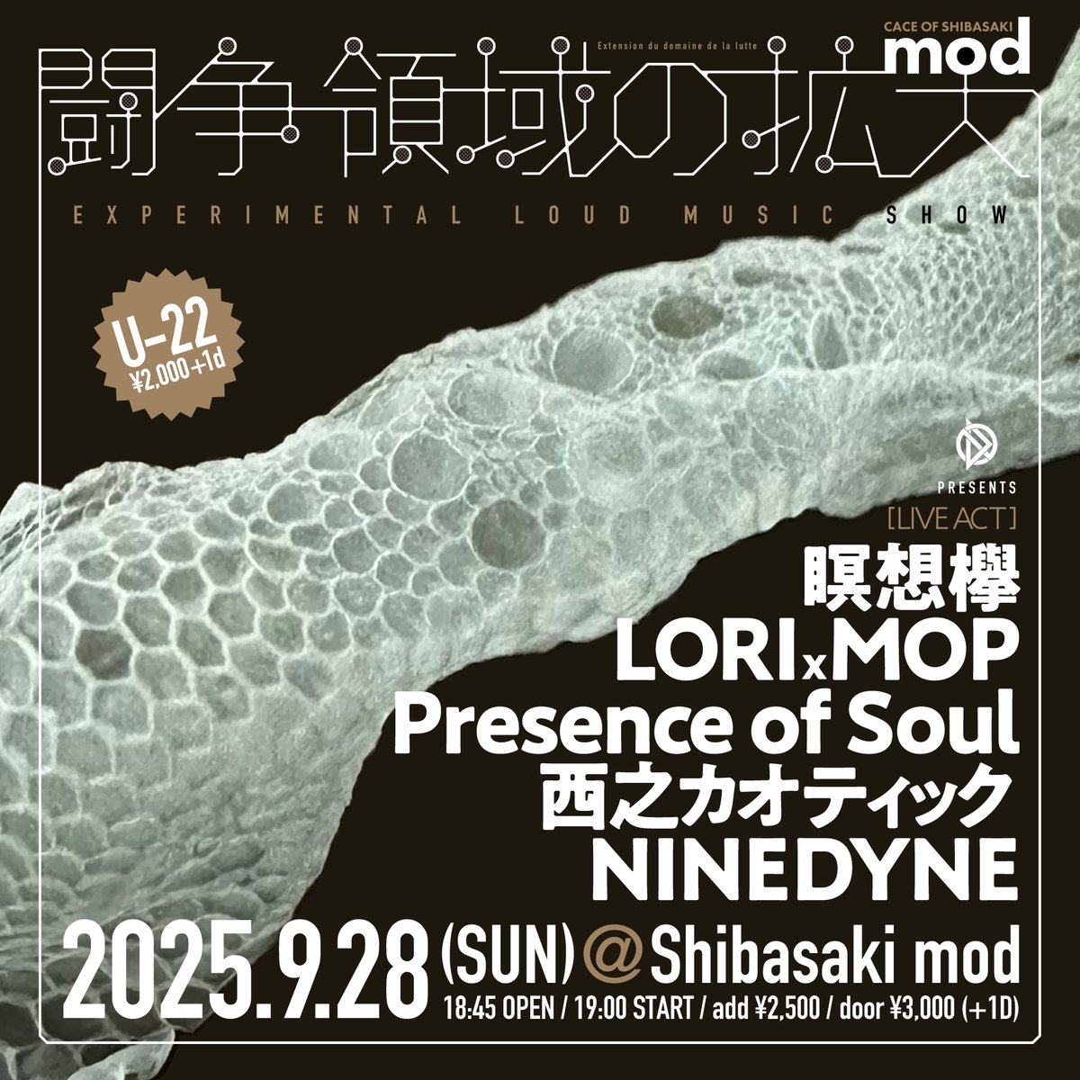 2025.9.28(日) NINEDYNE presents 
『闘争領域の拡大』  
柴崎mod <a href="/shibasakimod/">mod</a>
op18:45 / st19:00   前売￥2,500+1DRINK
当日￥3,000+1DRINK  U-22￥2,000+1DRINK

LIVE: 
瞑想欅 
LORI MOP
Presence of Soul
西之カオティック
NINEDYNE