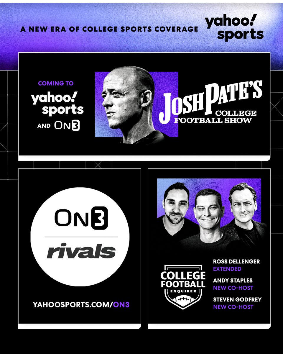 Yahoo Sports (@yahoosports) on Twitter photo Yahoo Sports is kicking off a new era in college football 🔥
• College Football Enquirer returns Aug 12, with <a href="/RossDellenger/">Ross Dellenger</a> and new co-hosts <a href="/Andy_Staples/">Andy Staples</a> & <a href="/38Godfrey/">Steven Godfrey</a>.
• <a href="/RossDellenger/">Ross Dellenger</a> has also been extended by Yahoo Sports & will continue to report and write on CFB news, Yahoo Sports is kicking off a new era in college football 🔥
• College Football Enquirer returns Aug 12, with <a href="/RossDellenger/">Ross Dellenger</a> and new co-hosts <a href="/Andy_Staples/">Andy Staples</a> & <a href="/38Godfrey/">Steven Godfrey</a>.
• <a href="/RossDellenger/">Ross Dellenger</a> has also been extended by Yahoo Sports & will continue to report and write on CFB news,
